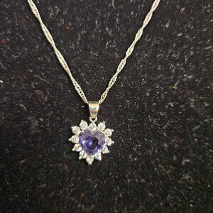 Sterling 925 Heart pendant necklace with purple / clear rhinestone - 9"